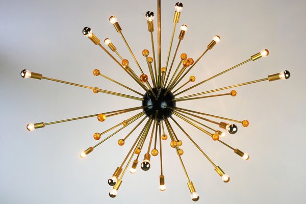 Italian Minimalist Sputnik Chandelier in Black, Gold & Murano Glass in the Style of Stilnovo, 1950s-WIP-671310