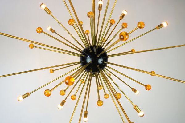 Italian Minimalist Sputnik Chandelier in Black, Gold & Murano Glass in the Style of Stilnovo, 1950s-WIP-671310