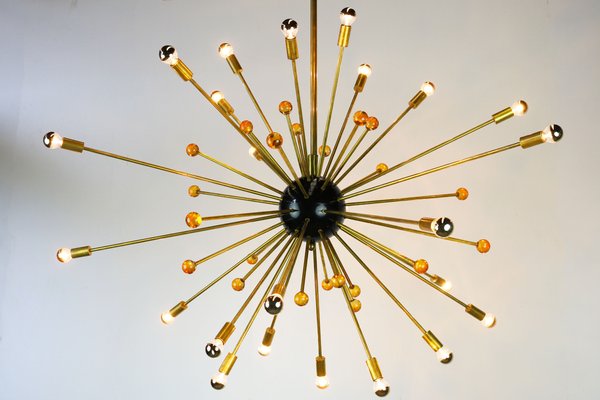 Italian Minimalist Sputnik Chandelier in Black, Gold & Murano Glass in the Style of Stilnovo, 1950s-WIP-671310