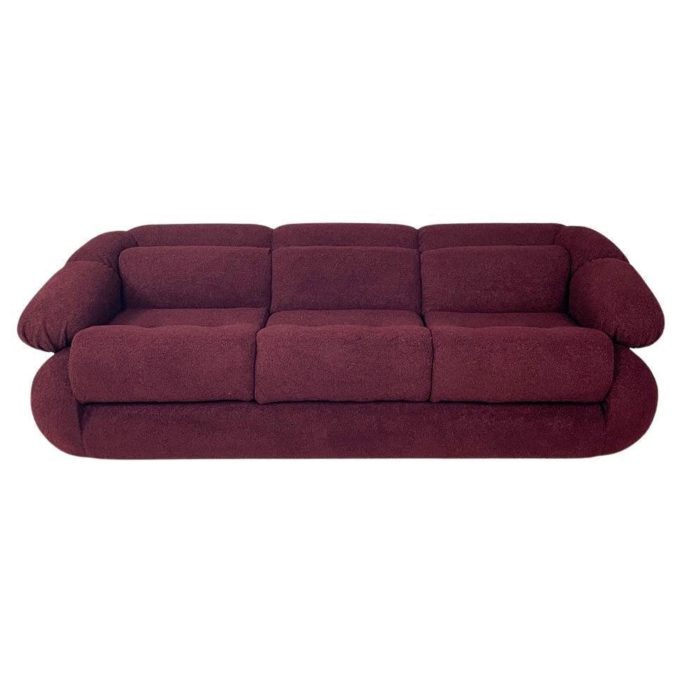 Italian Modern 3-Seater Sofa in Burgundy Teddy Fabric, 1970s