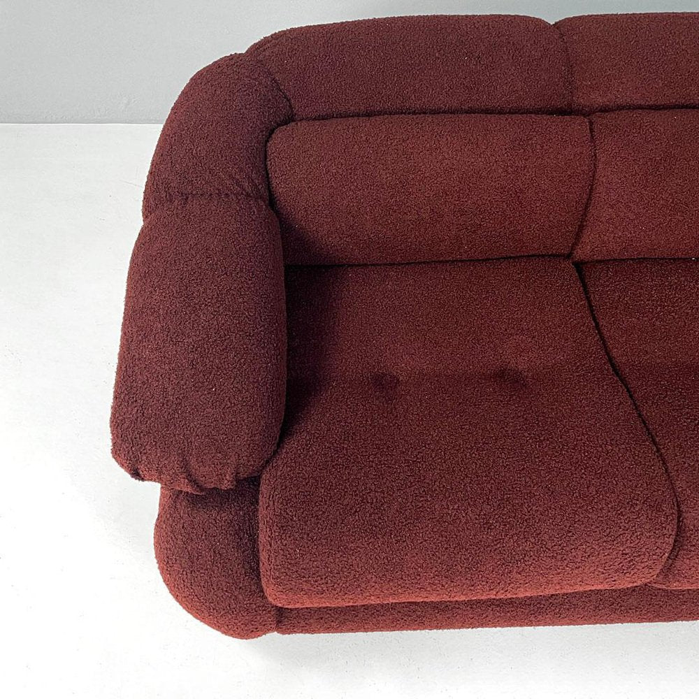 Italian Modern 3-Seater Sofa in Burgundy Teddy Fabric, 1970s