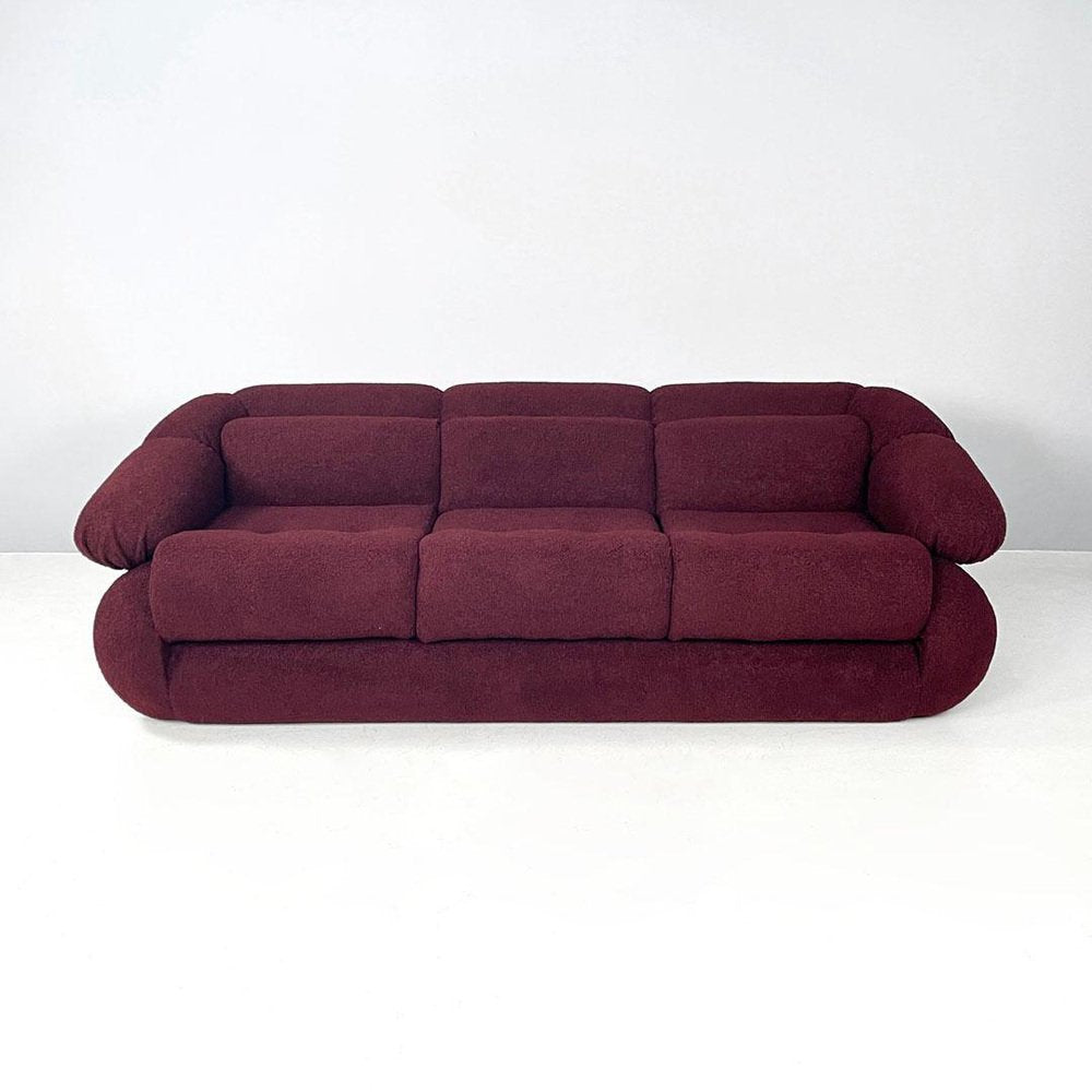 Italian Modern 3-Seater Sofa in Burgundy Teddy Fabric, 1970s