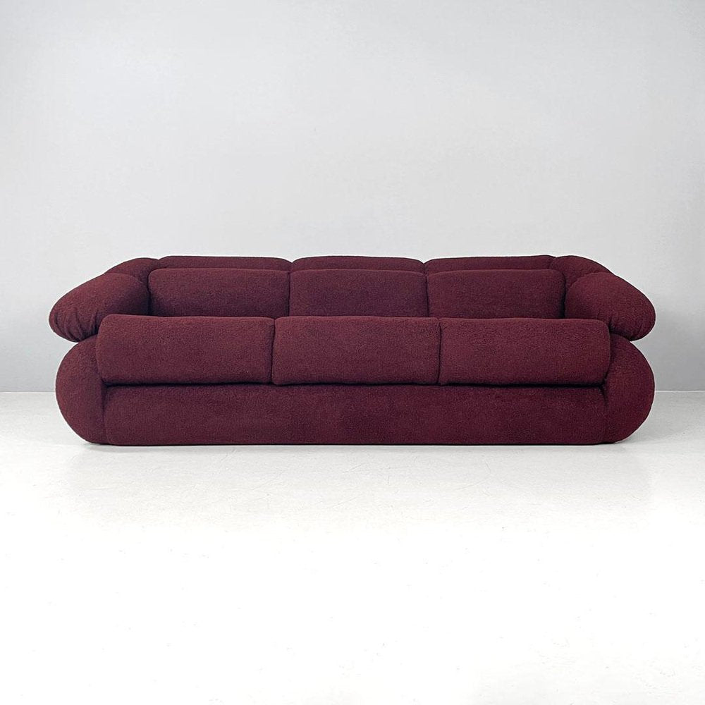 Italian Modern 3-Seater Sofa in Burgundy Teddy Fabric, 1970s