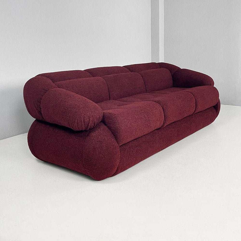 Italian Modern 3-Seater Sofa in Burgundy Teddy Fabric, 1970s