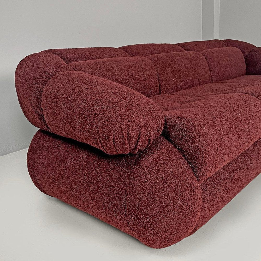 Italian Modern 3-Seater Sofa in Burgundy Teddy Fabric, 1970s