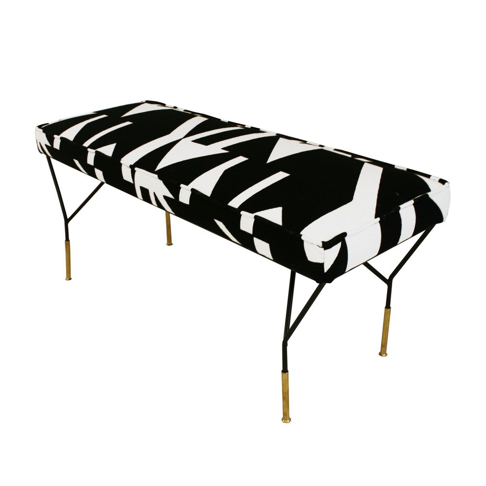 Italian Modern Black Lacquered Iron and Patterned Cotton Stool, 1970s