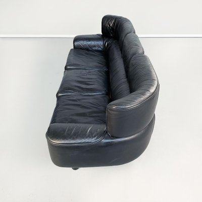 Italian Modern Black Leather & Wood 3-Seater Bull Sofa by Gianfranco Frattini for Cassina, 1980s-GDD-1260506