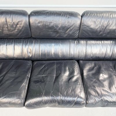 Italian Modern Black Leather & Wood 3-Seater Bull Sofa by Gianfranco Frattini for Cassina, 1980s-GDD-1260506