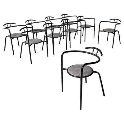 Italian Modern Black Metal and Grey Fabric Chairs with Round Seats, 1980s, Set of 10-GDD-1750890