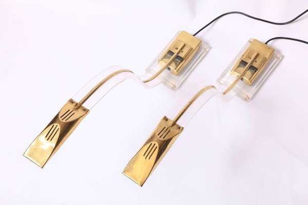 Italian Modern Brass & Acrylic Glass Desk Lamps, 1970s, Set of 2-KL-620317