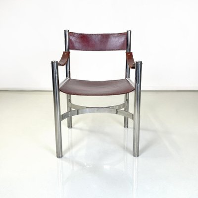 Italian Modern Brown Leather Chairs with Chromed Steel Structure, 1970s, Set of 4-GDD-1750891