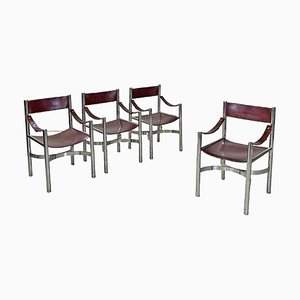 Italian Modern Brown Leather Chairs with Chromed Steel Structure, 1970s, Set of 4-GDD-1750891