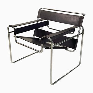 Italian Modern Brown Leather Steel Armchair Wassily attributed to Breuer for Gavina, 1970s-GDD-1740086