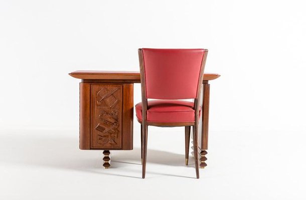 Italian Modern Carved Walnut and Rosewood Desk with Side Chair, Set of 2-WN-1306818