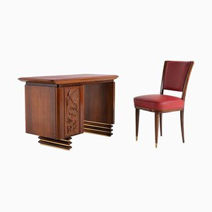 Italian Modern Carved Walnut and Rosewood Desk with Side Chair, Set of 2-WN-1306818