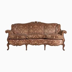 Italian Modern Carved Walnut and Velvet Sofa, 1950s-KMC-1386494