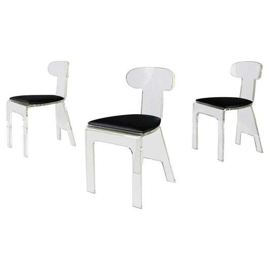 Italian Modern Chairs in Thick Transparent Acrylic Glass and Black Skai, 1980s, Set of 3