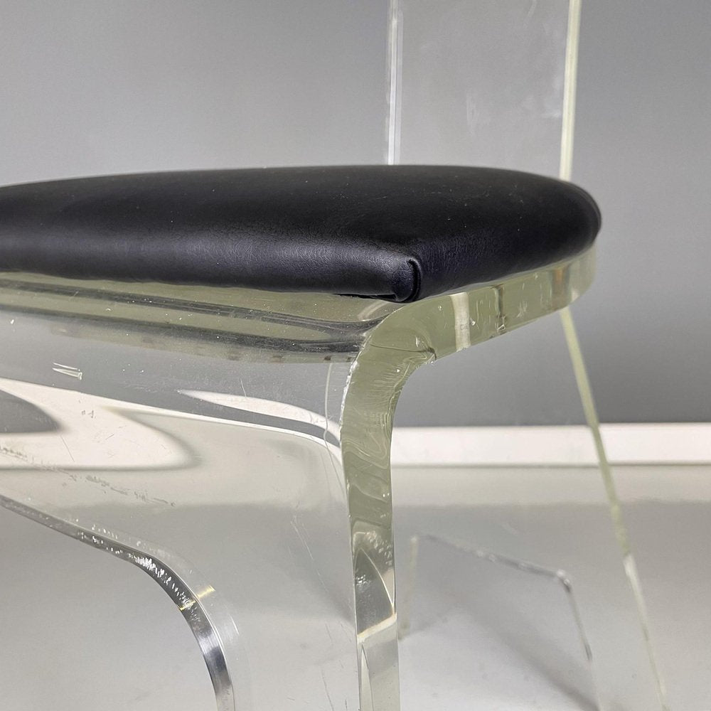 Italian Modern Chairs in Thick Transparent Acrylic Glass and Black Skai, 1980s, Set of 3