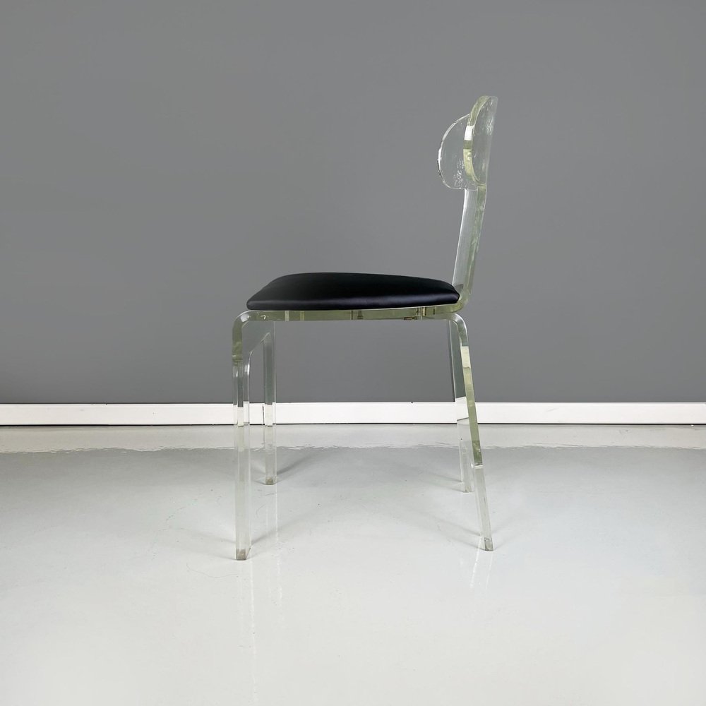 Italian Modern Chairs in Thick Transparent Acrylic Glass and Black Skai, 1980s, Set of 3