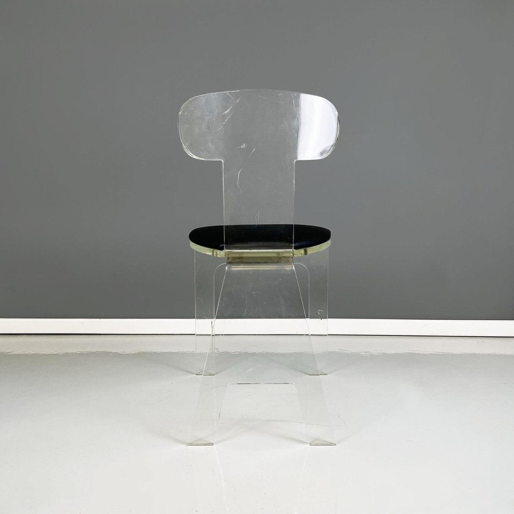 Italian Modern Chairs in Thick Transparent Acrylic Glass and Black Skai, 1980s, Set of 3