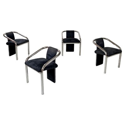 Italian Modern Dark Blue Velvet and Chromed Metal Chairs, 1980s, Set of 4-GDD-1778312