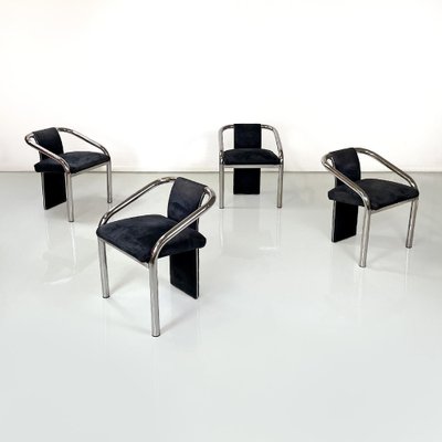 Italian Modern Dark Blue Velvet and Chromed Metal Chairs, 1980s, Set of 4-GDD-1778312