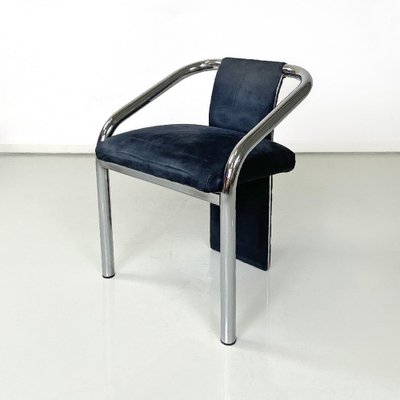 Italian Modern Dark Blue Velvet and Chromed Metal Chairs, 1980s, Set of 4-GDD-1778312