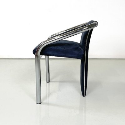 Italian Modern Dark Blue Velvet and Chromed Metal Chairs, 1980s, Set of 4-GDD-1778312