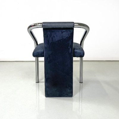 Italian Modern Dark Blue Velvet and Chromed Metal Chairs, 1980s, Set of 4-GDD-1778312