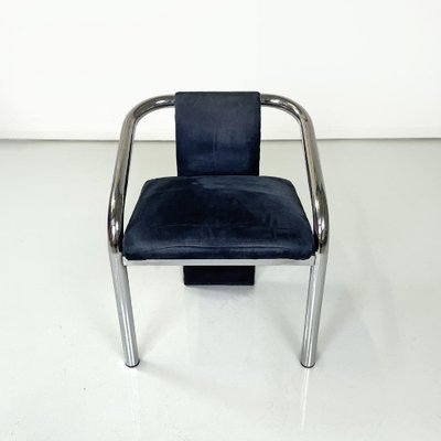 Italian Modern Dark Blue Velvet and Chromed Metal Chairs, 1980s, Set of 4-GDD-1778312