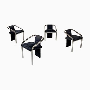 Italian Modern Dark Blue Velvet and Chromed Metal Chairs, 1980s, Set of 4-GDD-1778312