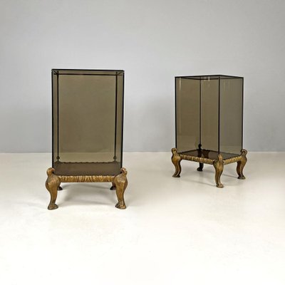 Italian Modern Golden Wood and Grey Glass Coffee Tables, 1970s, Set of 2-GDD-1801612