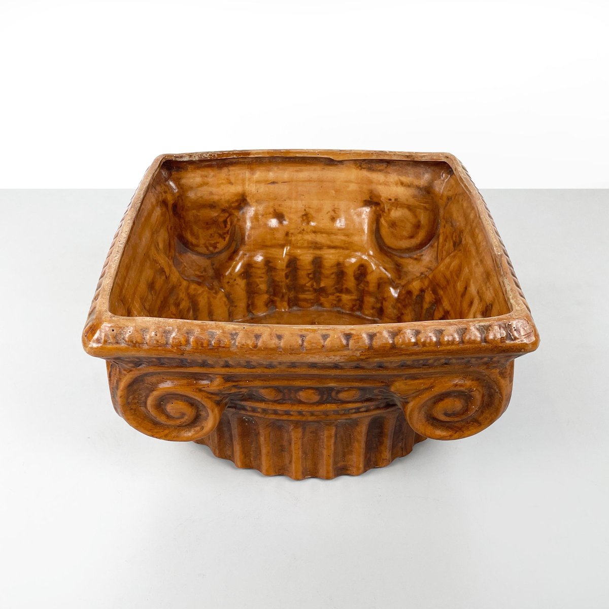 Italian Modern Ionic Capital Centerpiece Bowl in Brown Ceramic, 1980s