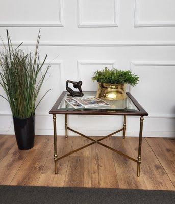 Italian Modern Regency Neoclassical Squared Wood, Brass & Glass Coffee Table by Milo Baughman, 1960s-EUP-1724490