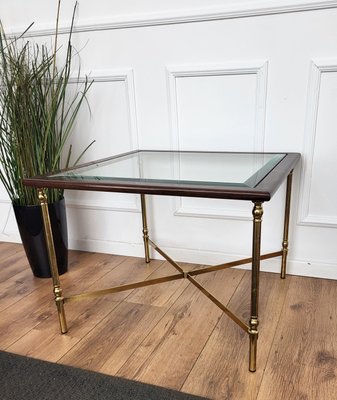 Italian Modern Regency Neoclassical Squared Wood, Brass & Glass Coffee Table by Milo Baughman, 1960s-EUP-1724490