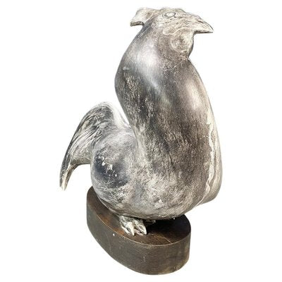 Italian Modern Rooster Statue in Grey Ceramic and Wood, 1980s-GDD-1363149