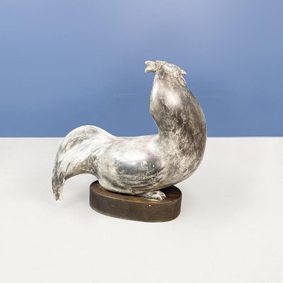 Italian Modern Rooster Statue in Grey Ceramic and Wood, 1980s-GDD-1363149