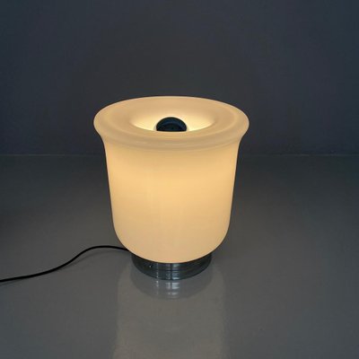 Italian Modern Round Table Lamp with Curved Profiles Metal and White Glass, 1970s-GDD-2024296