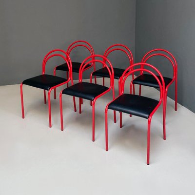 Italian Modern Stackable Red Metal & Black Faux Leather Dining Chairs, 1980s, Set of 6-GDD-1344884