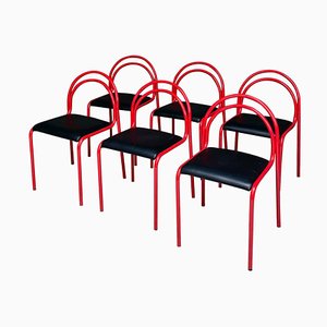 Italian Modern Stackable Red Metal & Black Faux Leather Dining Chairs, 1980s, Set of 6-GDD-1344884