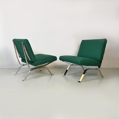 Italian Modern Steel and Green Cotton Lounge Chairs attributed to Gastone Rinaldi, 1970s, Set of 2-GDD-1419216