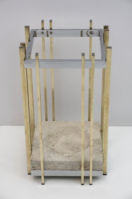 Italian Modern Travertine, Chrome & Brass Umbrella Stand, 1970s-FER-1191459