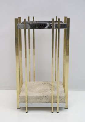 Italian Modern Travertine, Chrome & Brass Umbrella Stand, 1970s-FER-1191459