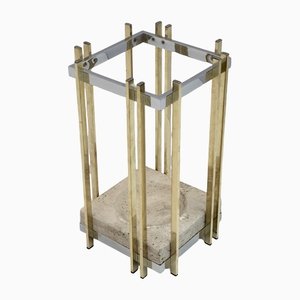 Italian Modern Travertine, Chrome & Brass Umbrella Stand, 1970s-FER-1191459