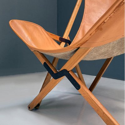 Italian Modern Wood and Leather Tripolina Folding Deck Chair from Citterio di Sirone, 1970s-GDD-1343263