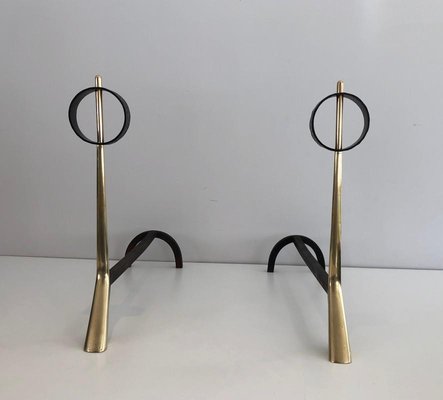 Italian Modernist Bronze & Wrought Iron Andirons, 1950s, Set of 2-BA-733221