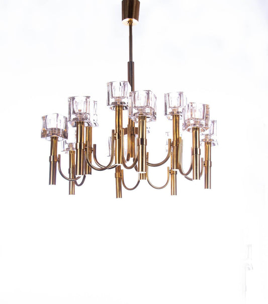 Italian Modernist Cubic 12-Light Chandelier in Glass & Brass by Gaetano Sciolari, 1970s