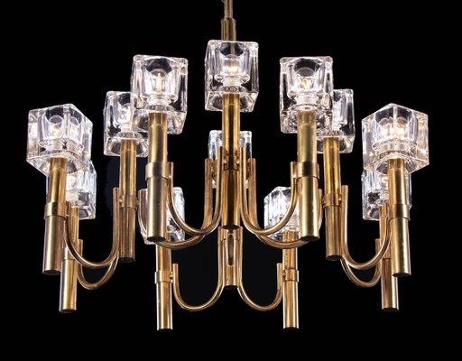 Italian Modernist Cubic 12-Light Chandelier in Glass & Brass by Gaetano Sciolari, 1970s-DEK-932695