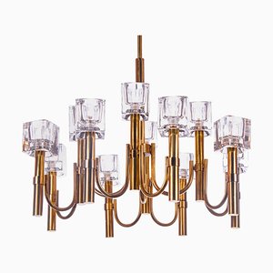 Italian Modernist Cubic 12-Light Chandelier in Glass & Brass by Gaetano Sciolari, 1970s-DEK-932695