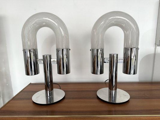 Italian Murano Glass and Metal Chrome Lamps by Aldo Nason for Mazzega, 1970s, Set of 2-FUE-1733138